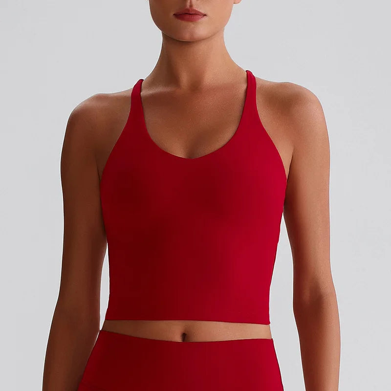 Women's Nude Yoga Wear Sexy Crossover Back Top Detachable Chest Pads Breathable Quick-drying Athletic Fitness Running Clothes