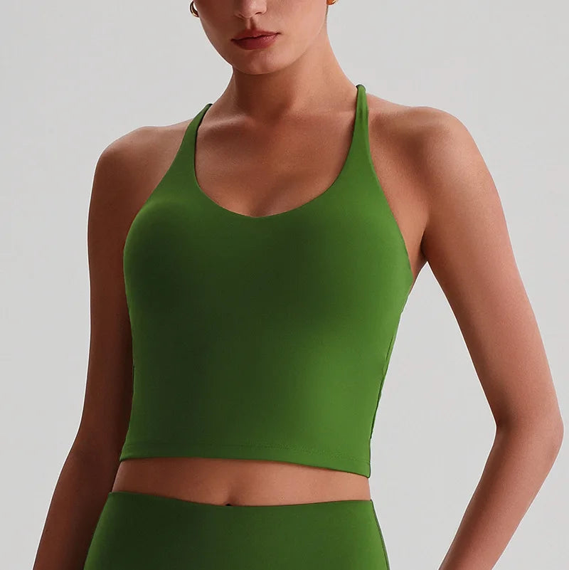 Women's Nude Yoga Wear Sexy Crossover Back Top Detachable Chest Pads Breathable Quick-drying Athletic Fitness Running Clothes