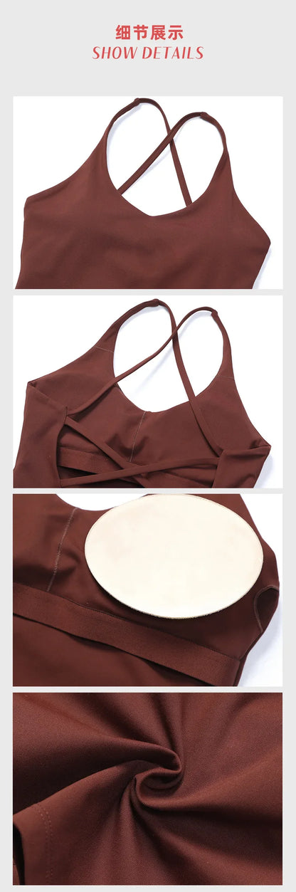 Women's Nude Yoga Wear Sexy Crossover Back Top Detachable Chest Pads Breathable Quick-drying Athletic Fitness Running Clothes