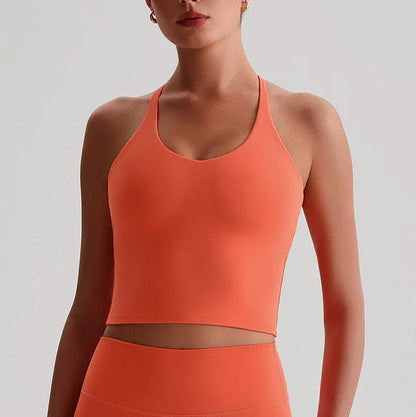 Women's Nude Yoga Wear Sexy Crossover Back Top Detachable Chest Pads Breathable Quick-drying Athletic Fitness Running Clothes