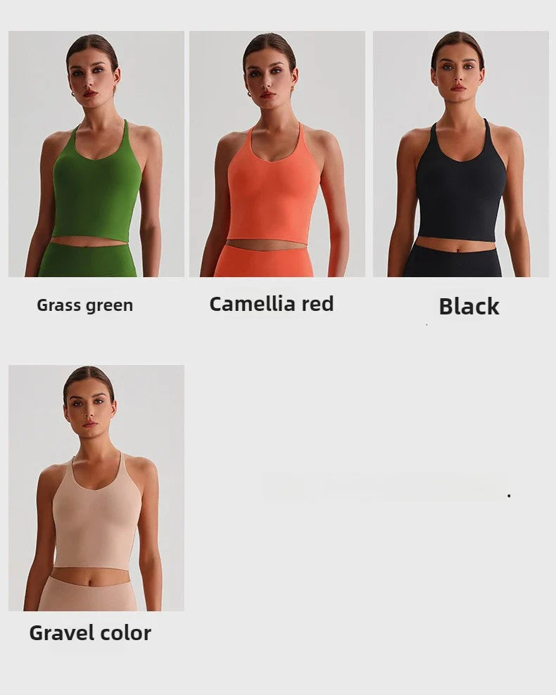 Women's Nude Yoga Wear Sexy Crossover Back Top Detachable Chest Pads Breathable Quick-drying Athletic Fitness Running Clothes