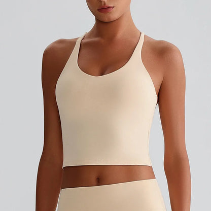 Women's Nude Yoga Wear Sexy Crossover Back Top Detachable Chest Pads Breathable Quick-drying Athletic Fitness Running Clothes
