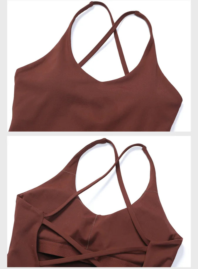 Women's Nude Yoga Wear Sexy Crossover Back Top Detachable Chest Pads Breathable Quick-drying Athletic Fitness Running Clothes