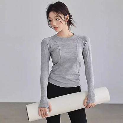 Yoga Clothes for Women, Sports Tops, Round Neck,, Seamless, Slim, Running Shirt Fitness Workout Long Sleeves Gym T shirt, Winter