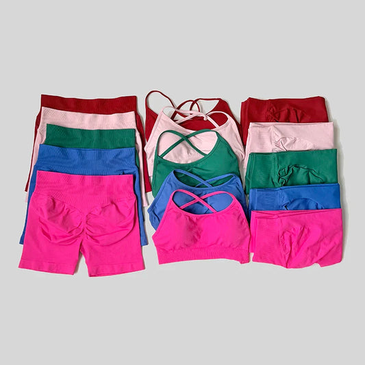 Yoga Set Workout Sets Women Tracksuit Gym Push Up Fitness Running Workout Sportswear Back Cross Sport Bra Leggings Shorts Suit