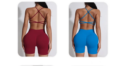 Yoga Set Workout Sets Women Tracksuit Gym Push Up Fitness Running Workout Sportswear Back Cross Sport Bra Leggings Shorts Suit